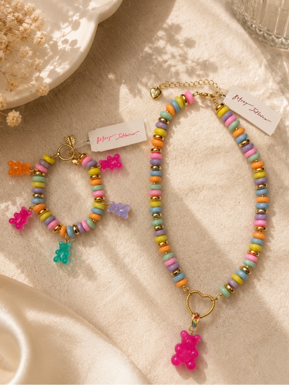 Betsey Johnson Pastel Rainbow Gummy Bear Necklace & Bracelet Set